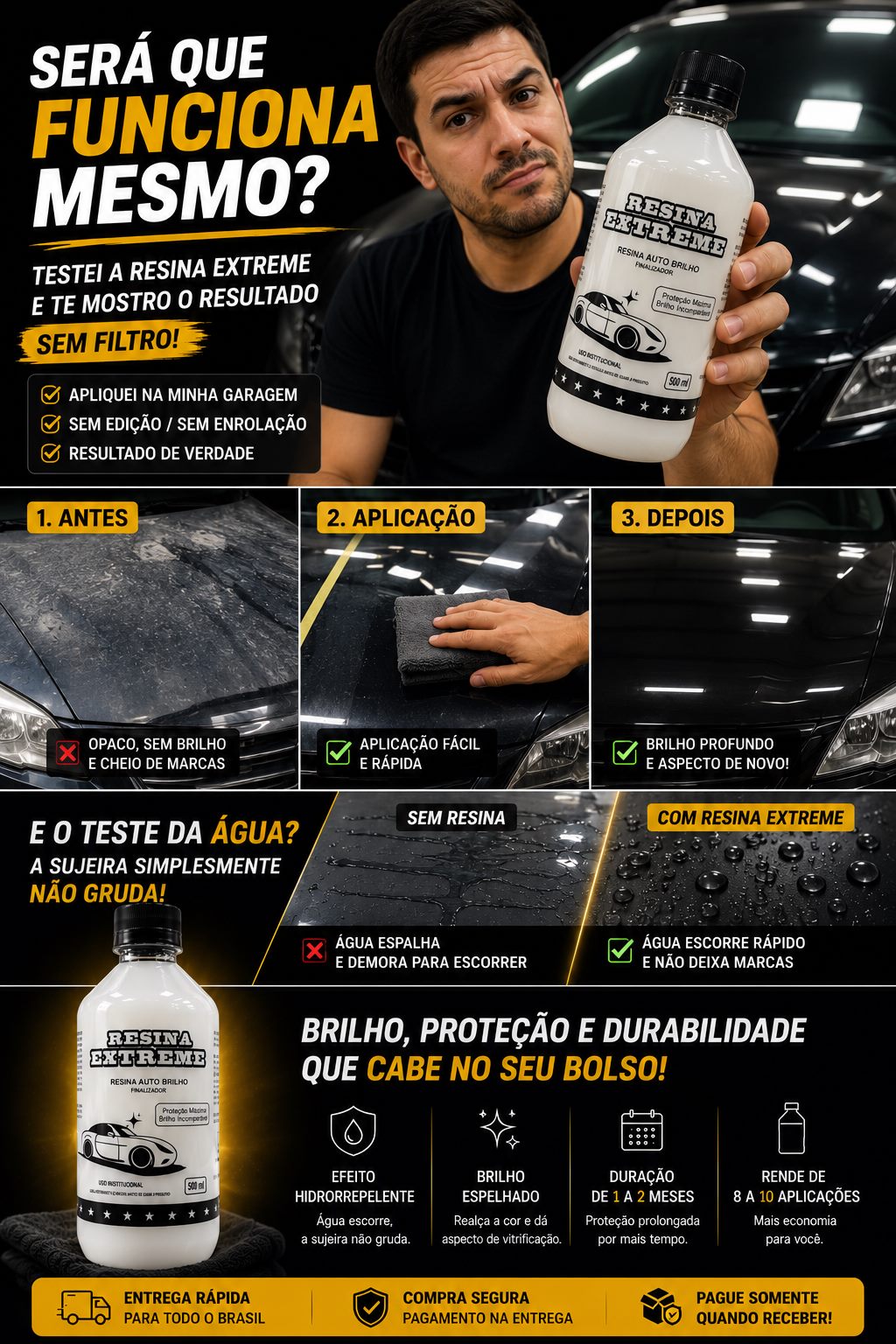 Antes, aplicacao e depois da Resina Extreme em carro preto